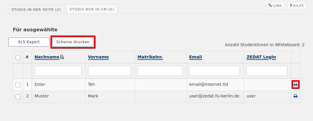 Student List contents: Print buttons